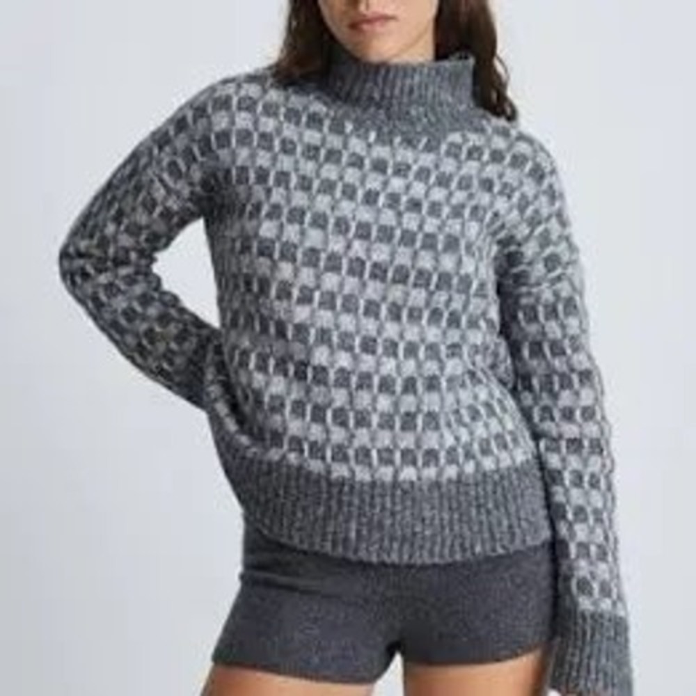 Everlane Gray Cloud Checkered merino wool alpaca blend Turtleneck size small